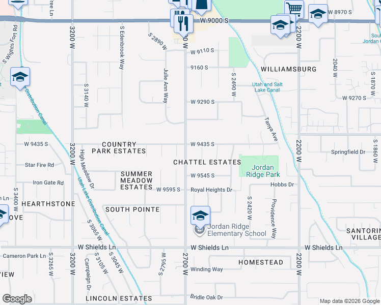 map of restaurants, bars, coffee shops, grocery stores, and more near 9467 South 2700 West in South Jordan