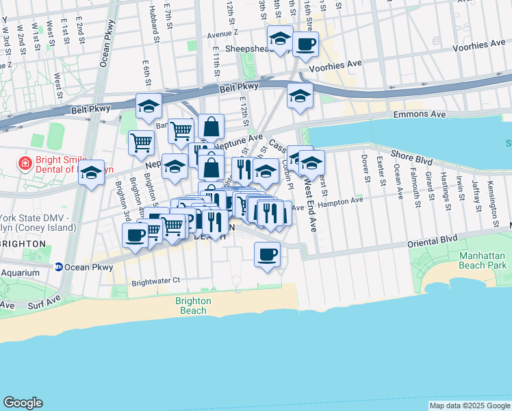 map of restaurants, bars, coffee shops, grocery stores, and more near 125 Brighton 11th Street in Brooklyn