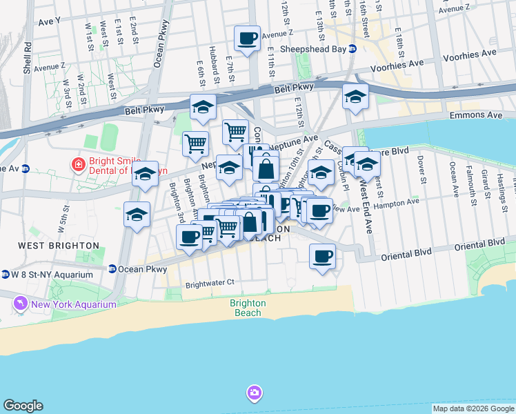 map of restaurants, bars, coffee shops, grocery stores, and more near 3017 Brighton 8th Street in Brooklyn