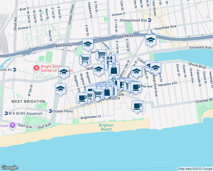 map of restaurants, bars, coffee shops, grocery stores, and more near 3017 Brighton 8th Street in Brooklyn