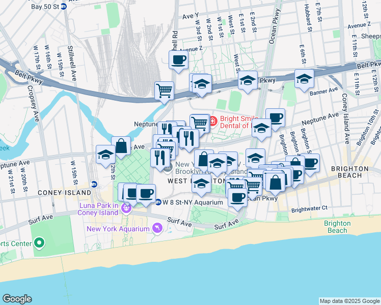 map of restaurants, bars, coffee shops, grocery stores, and more near 494 Neptune Avenue in Brooklyn