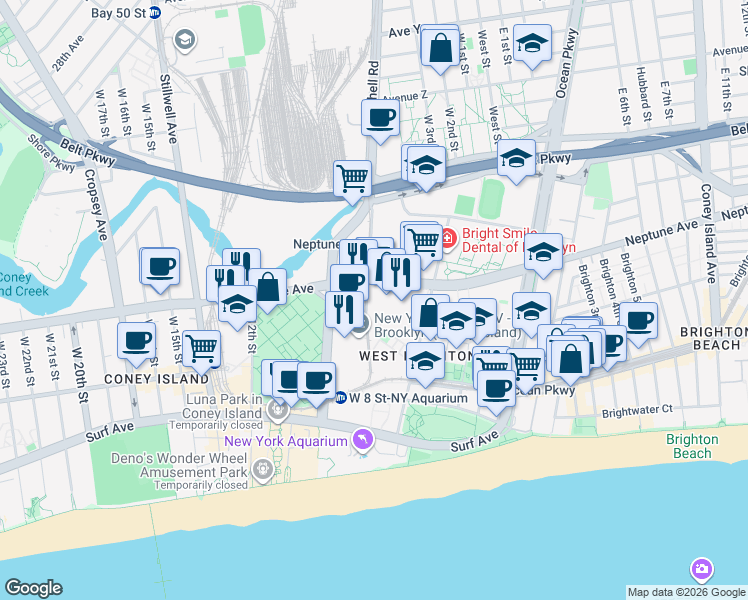map of restaurants, bars, coffee shops, grocery stores, and more near Neptune Avenue in Brooklyn