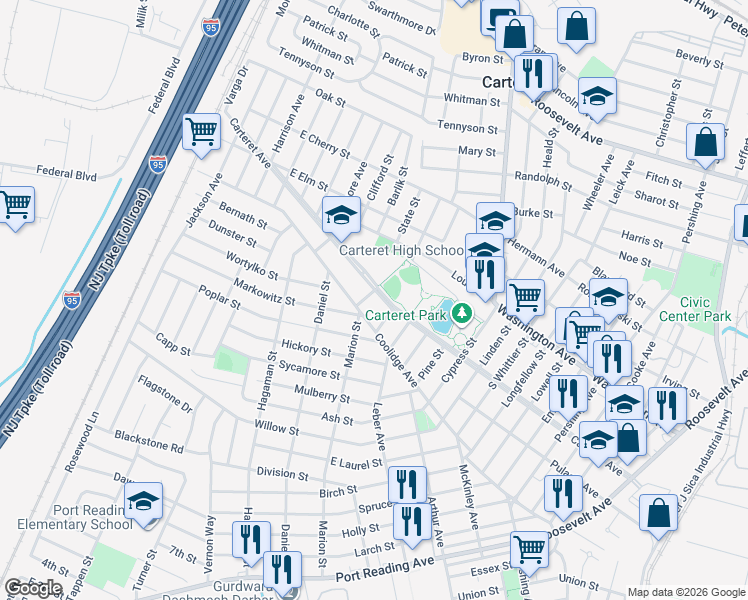 map of restaurants, bars, coffee shops, grocery stores, and more near 245 Carteret Avenue in Carteret