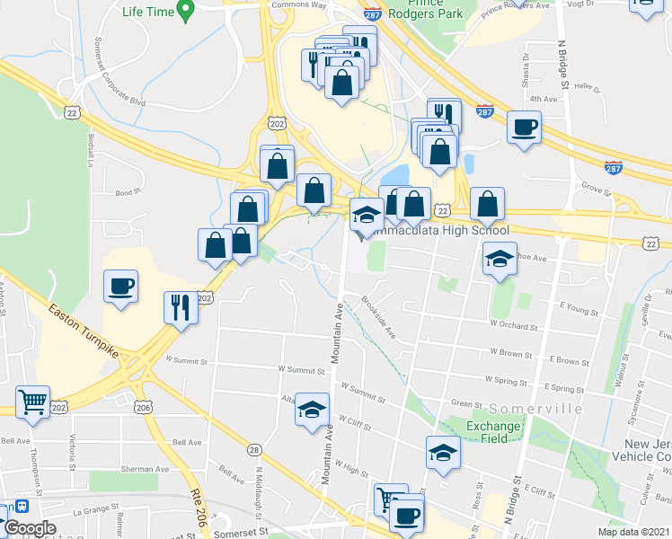 map of restaurants, bars, coffee shops, grocery stores, and more near 6 Oak Terrace in Somerville