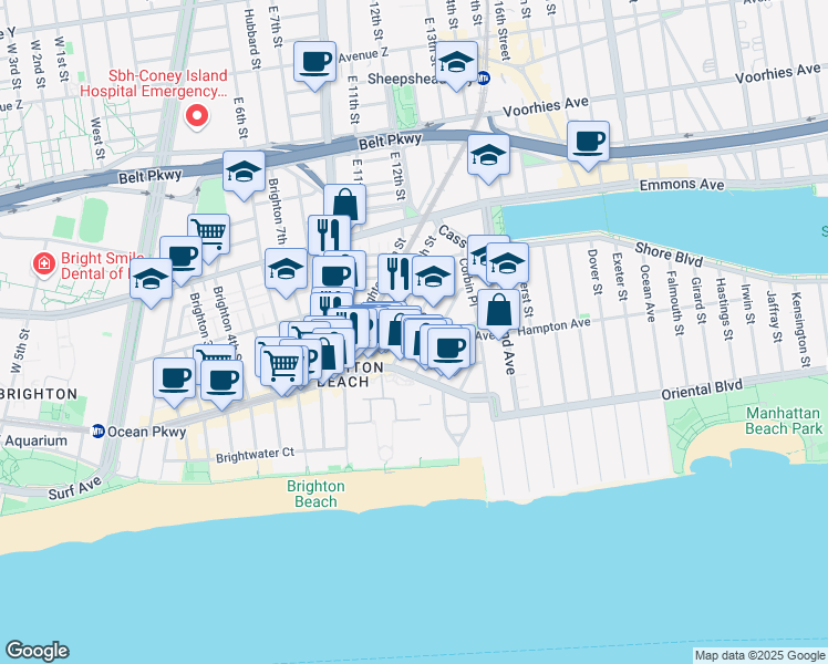 map of restaurants, bars, coffee shops, grocery stores, and more near 3017 Brighton 12th Street in Brooklyn