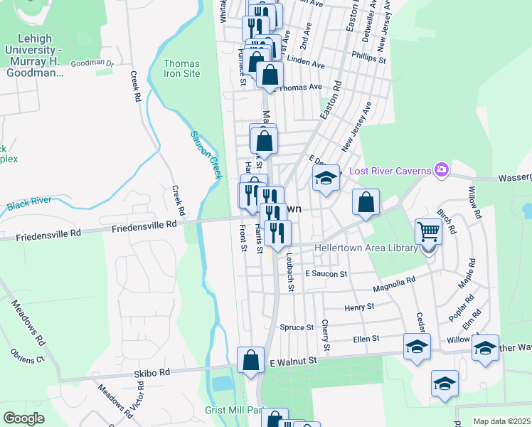 map of restaurants, bars, coffee shops, grocery stores, and more near 11 West Water Street in Hellertown