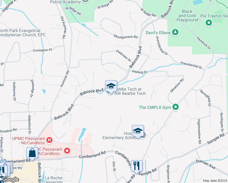 map of restaurants, bars, coffee shops, grocery stores, and more near 9600 Babcock Boulevard in McCandless