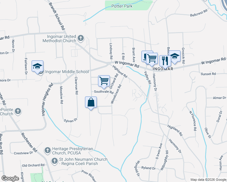map of restaurants, bars, coffee shops, grocery stores, and more near 9501 Woodcrest Road in Pittsburgh