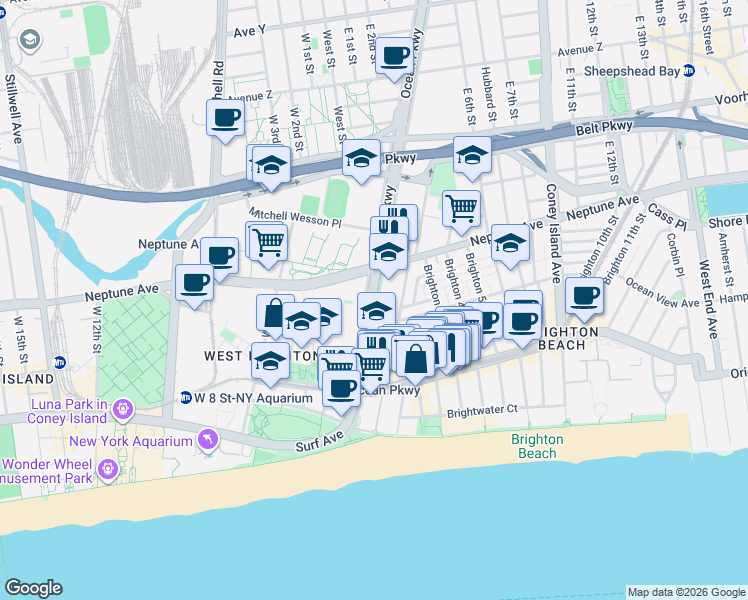 map of restaurants, bars, coffee shops, grocery stores, and more near 2940 Ocean Parkway Service Road in Brooklyn