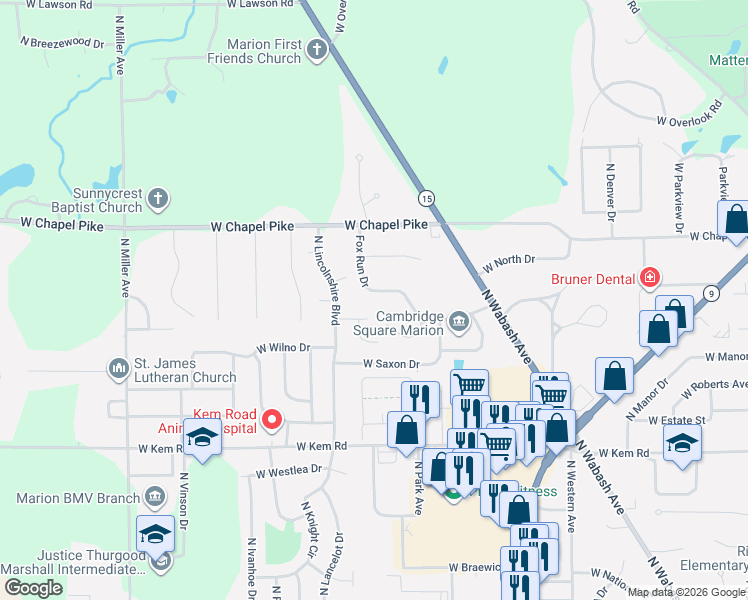 map of restaurants, bars, coffee shops, grocery stores, and more near 1419 Fox Run Drive in Marion