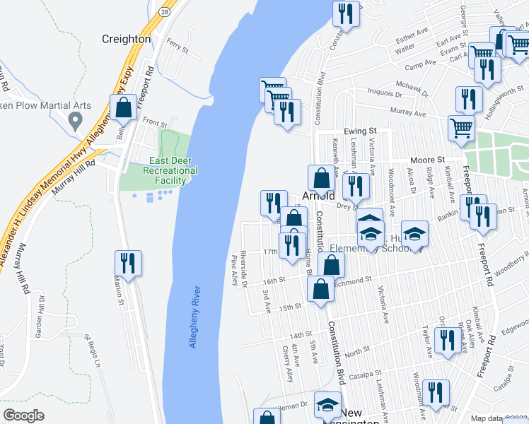 map of restaurants, bars, coffee shops, grocery stores, and more near 1812 3rd Avenue in New Kensington