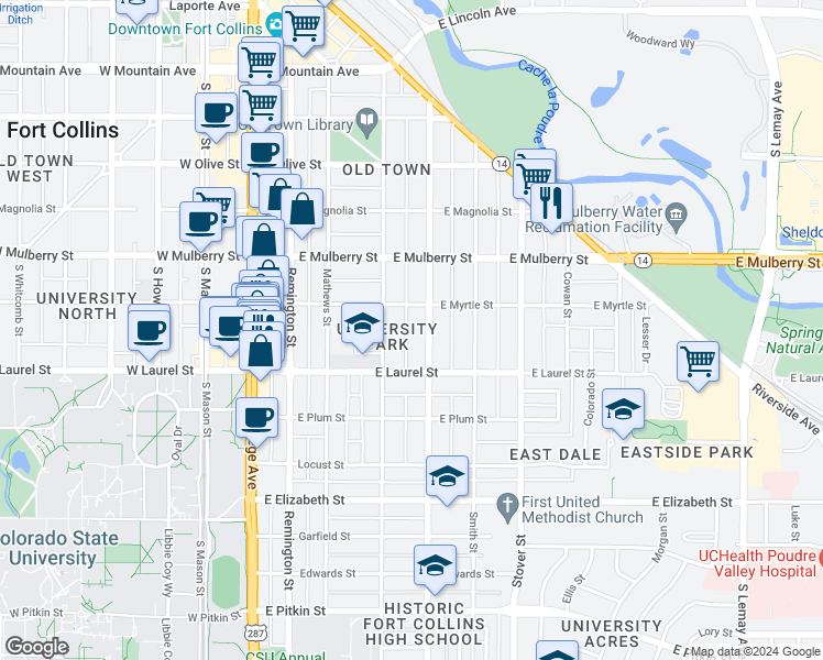 map of restaurants, bars, coffee shops, grocery stores, and more near 617 Whedbee Street in Fort Collins