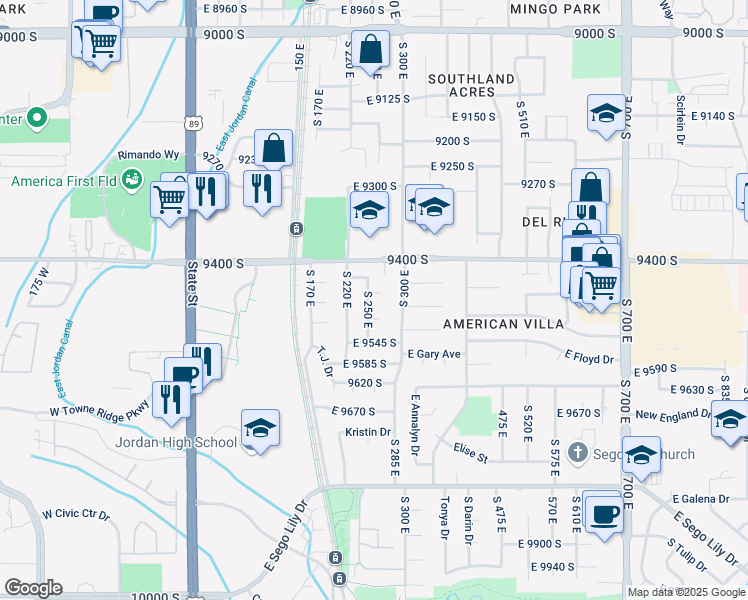 map of restaurants, bars, coffee shops, grocery stores, and more near 9467 South 250 East in Sandy
