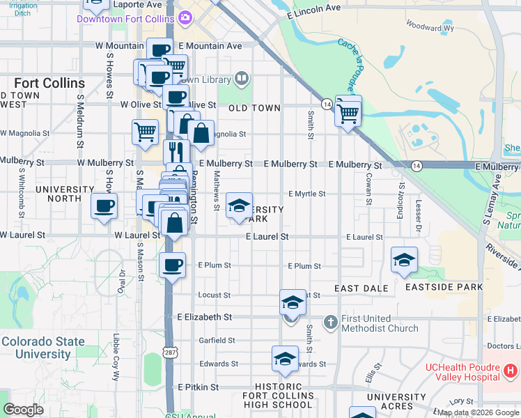 map of restaurants, bars, coffee shops, grocery stores, and more near in Fort Collins