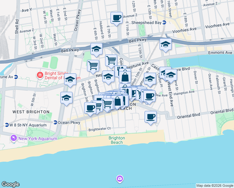 map of restaurants, bars, coffee shops, grocery stores, and more near 3017 Brighton 8th Street in Brooklyn