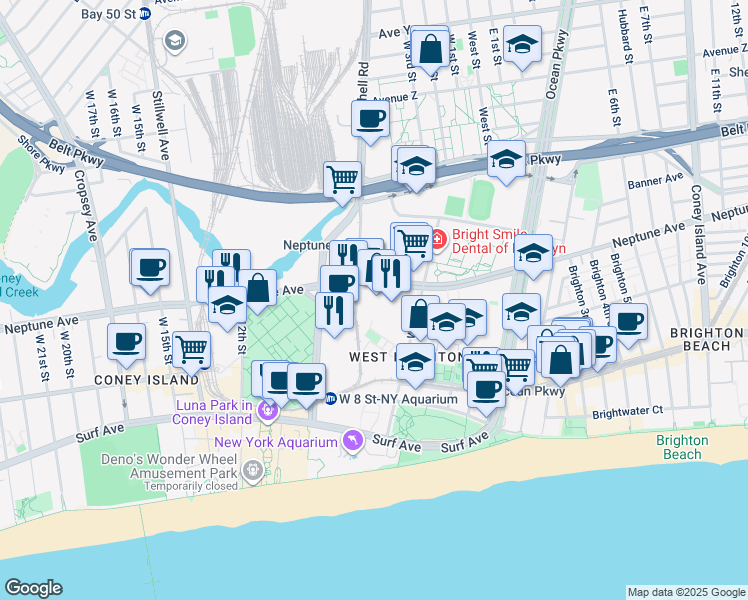 map of restaurants, bars, coffee shops, grocery stores, and more near Neptune Avenue in Brooklyn