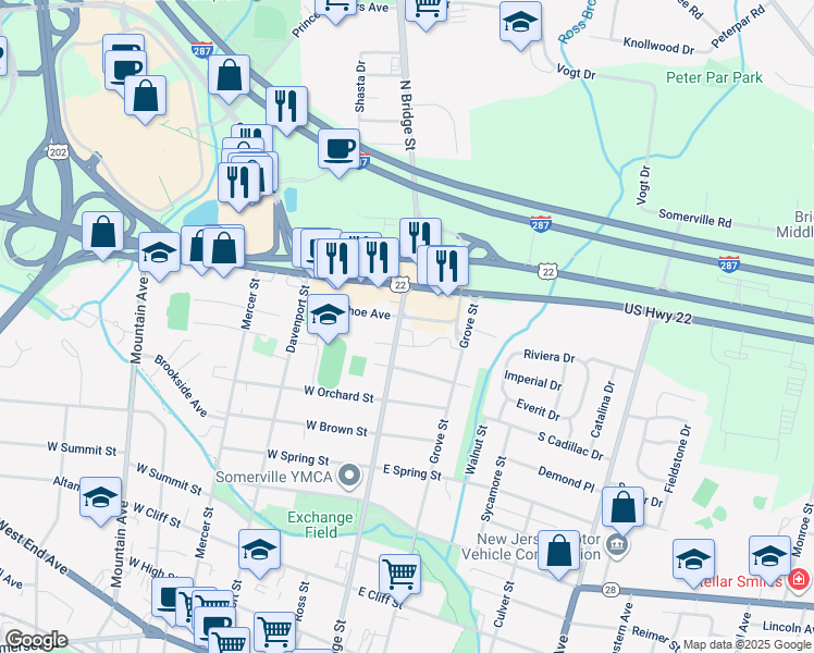 map of restaurants, bars, coffee shops, grocery stores, and more near 300 North Bridge Street in Bridgewater Township