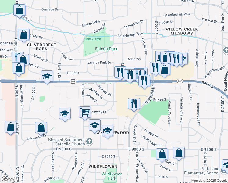 map of restaurants, bars, coffee shops, grocery stores, and more near 9460 S Tramway Dr in Sandy