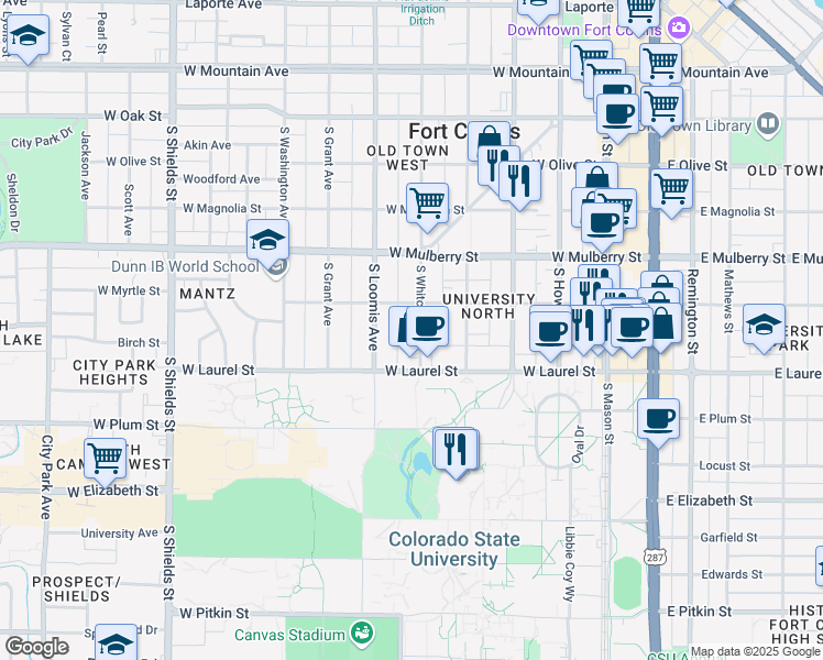 map of restaurants, bars, coffee shops, grocery stores, and more near 617 South Whitcomb Street in Fort Collins