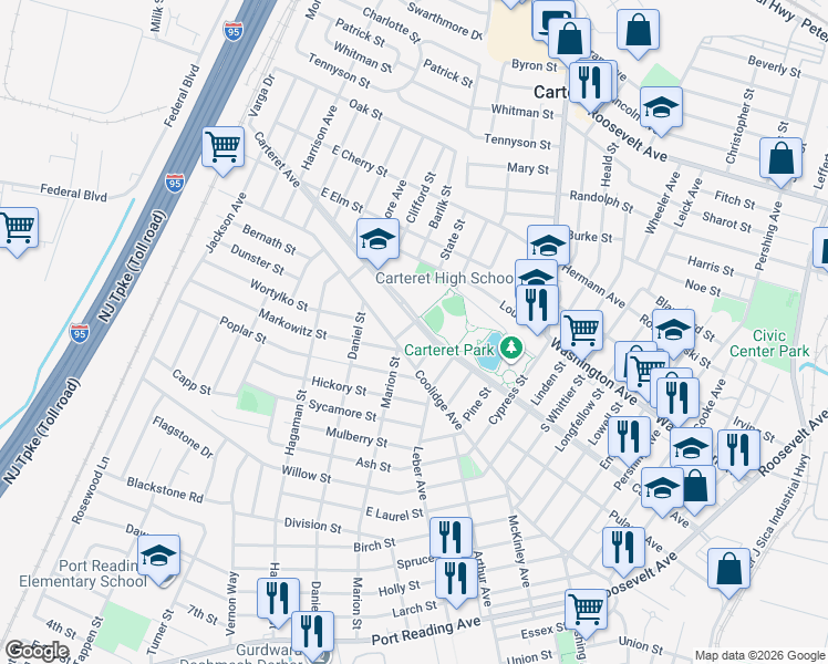 map of restaurants, bars, coffee shops, grocery stores, and more near 245 Carteret Avenue in Carteret