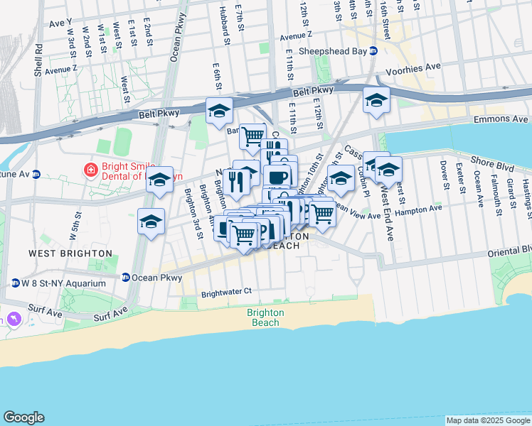 map of restaurants, bars, coffee shops, grocery stores, and more near 3017 Brighton 8th Street in Brooklyn