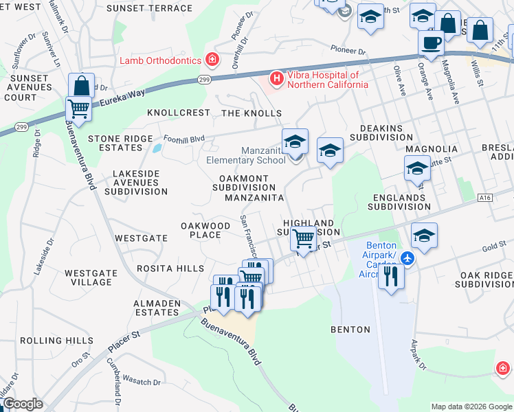 map of restaurants, bars, coffee shops, grocery stores, and more near 3135 Stratford Avenue in Redding