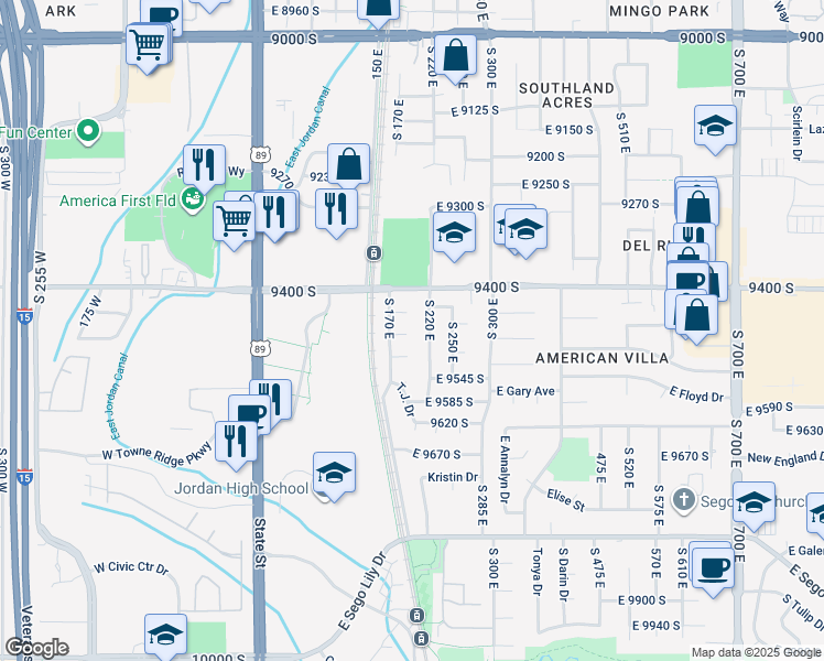 map of restaurants, bars, coffee shops, grocery stores, and more near 199 East Lynn Circle in Sandy