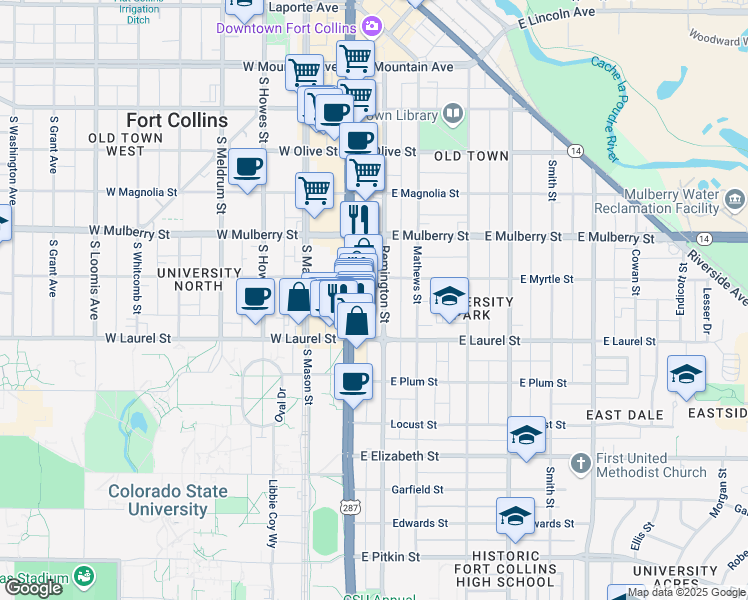 map of restaurants, bars, coffee shops, grocery stores, and more near 615 Remington Street in Fort Collins