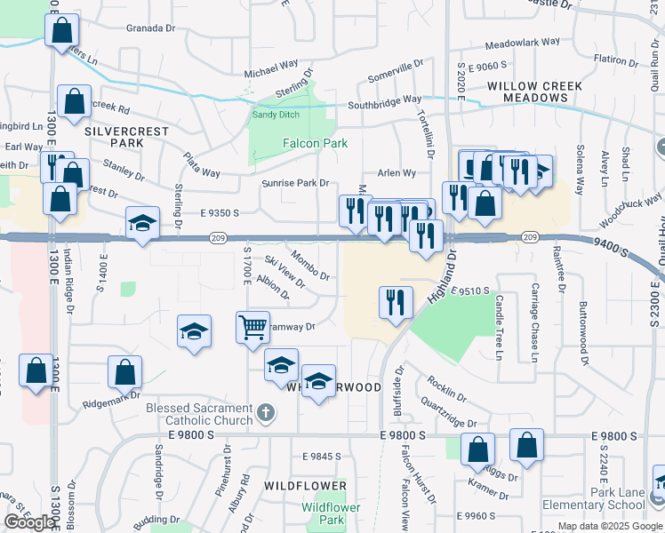 map of restaurants, bars, coffee shops, grocery stores, and more near 9460 S Tramway Dr in Sandy