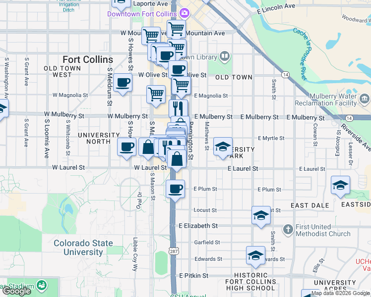 map of restaurants, bars, coffee shops, grocery stores, and more near 612 South College Avenue in Fort Collins