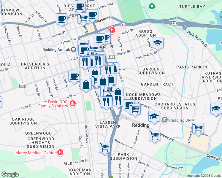 map of restaurants, bars, coffee shops, grocery stores, and more near 2032 Pine Street in Redding