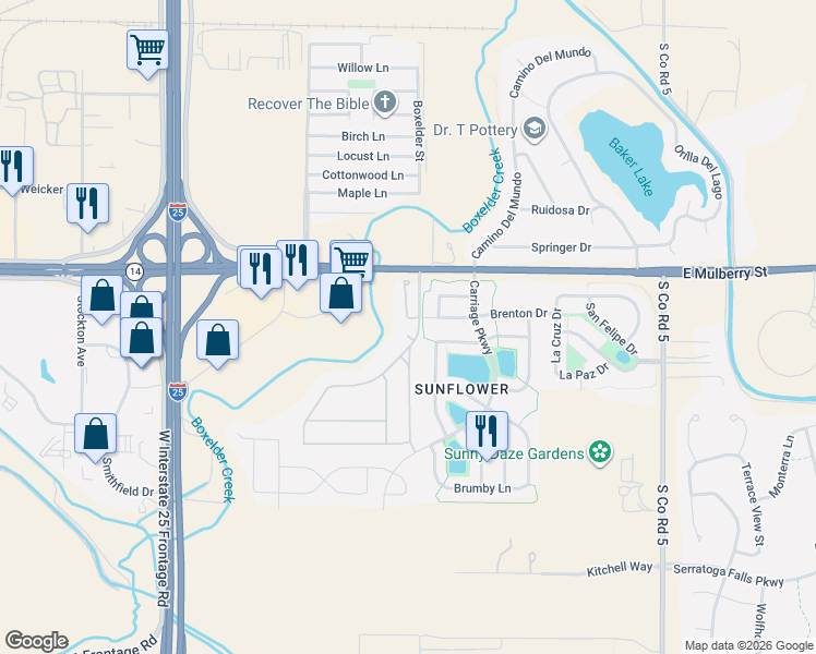 map of restaurants, bars, coffee shops, grocery stores, and more near 4550 Joydance Court in Fort Collins