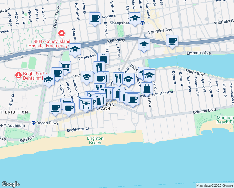 map of restaurants, bars, coffee shops, grocery stores, and more near 133 Brighton 11th Street in Brooklyn