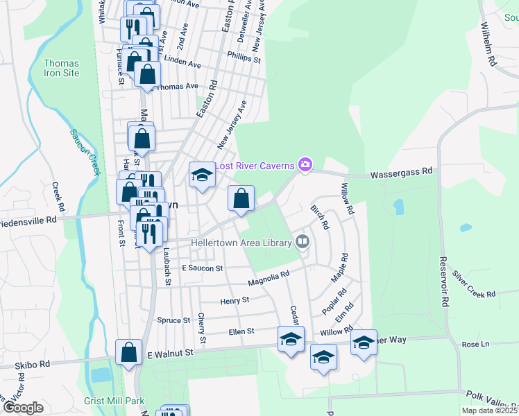map of restaurants, bars, coffee shops, grocery stores, and more near 601 Durham Street in Hellertown