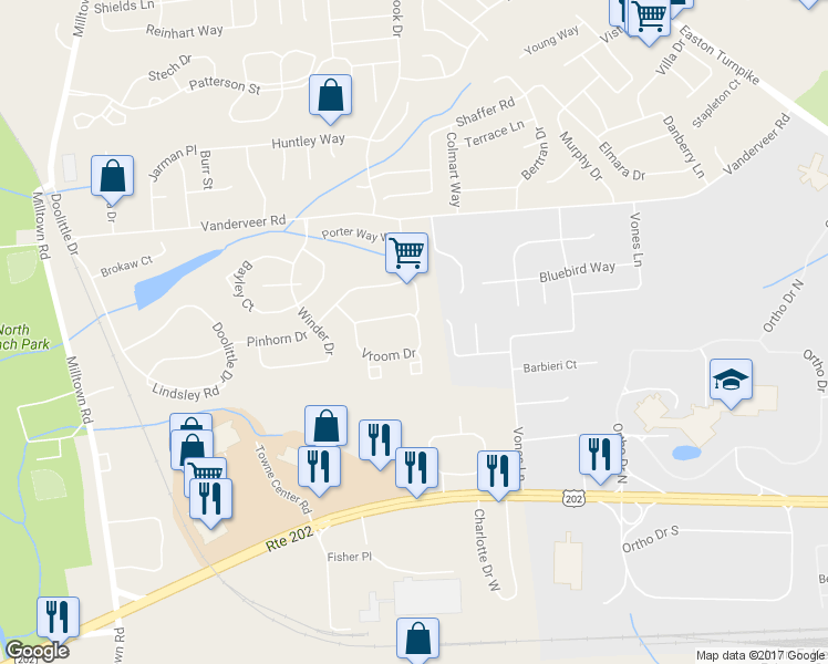 map of restaurants, bars, coffee shops, grocery stores, and more near 2510 Vroom Drive in Bridgewater Township