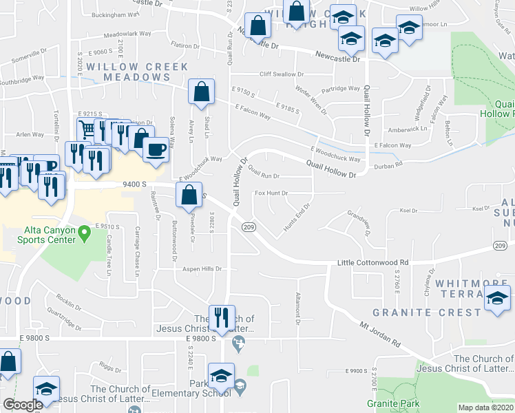 map of restaurants, bars, coffee shops, grocery stores, and more near 9457 Fox Hunt Drive in Sandy