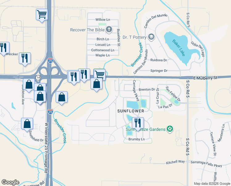 map of restaurants, bars, coffee shops, grocery stores, and more near 4550 Joydance Court in Fort Collins