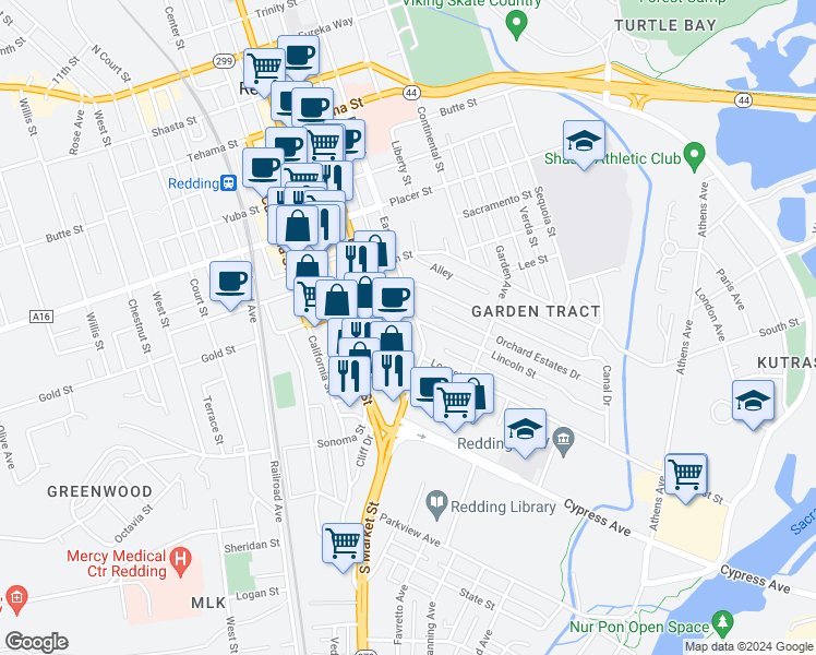 map of restaurants, bars, coffee shops, grocery stores, and more near 2088 East Street in Redding