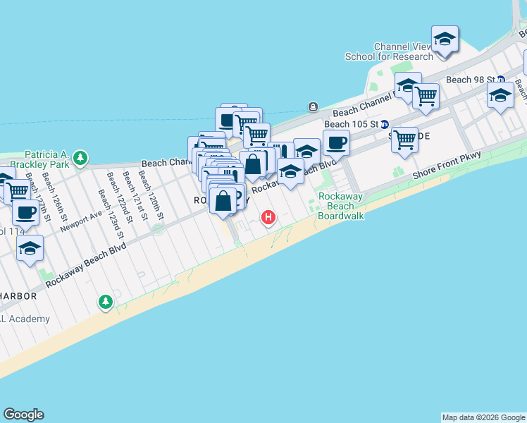map of restaurants, bars, coffee shops, grocery stores, and more near 166 Beach 114th Street in Queens