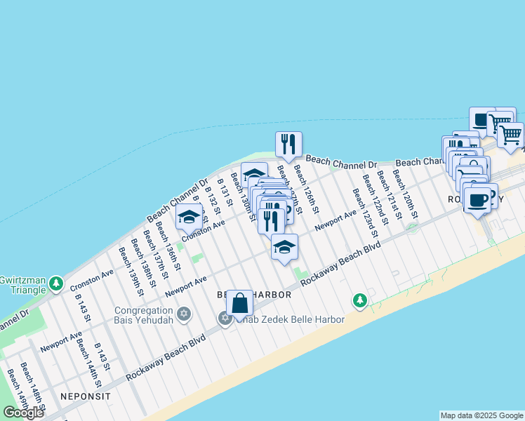 map of restaurants, bars, coffee shops, grocery stores, and more near 4-59 Beach 128th Street in Queens