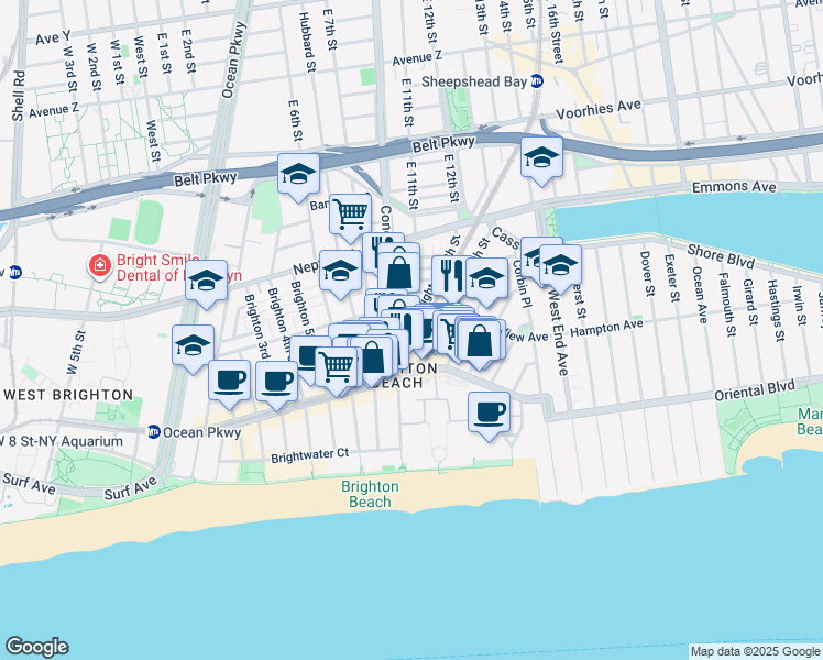 map of restaurants, bars, coffee shops, grocery stores, and more near 141 Brighton 10th Street in Brooklyn