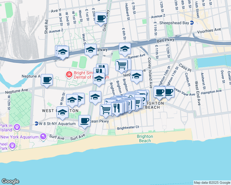 map of restaurants, bars, coffee shops, grocery stores, and more near 2959 Brighton 3rd Street in Brooklyn