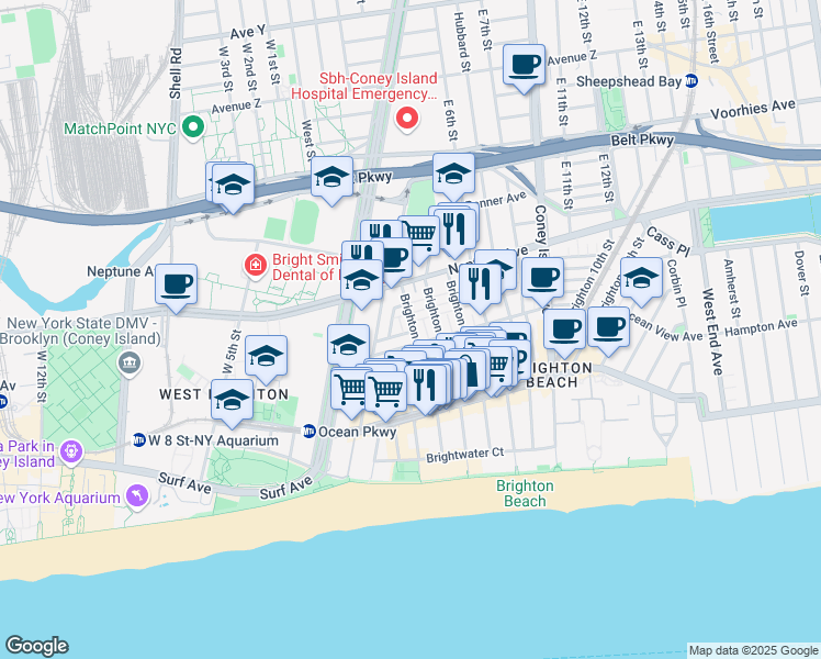map of restaurants, bars, coffee shops, grocery stores, and more near 2959 Brighton 3rd Street in Brooklyn