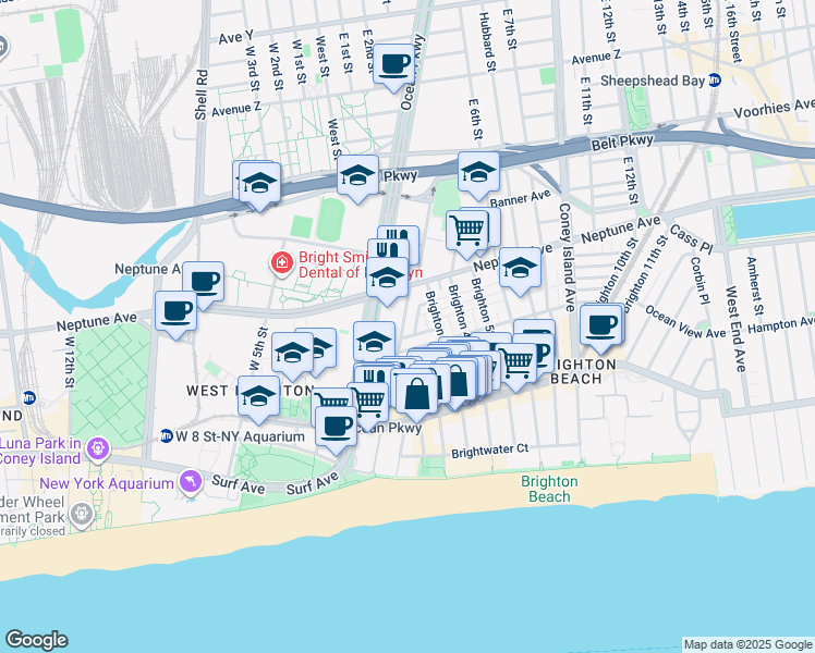 map of restaurants, bars, coffee shops, grocery stores, and more near 2942 Brighton 1st Street in Brooklyn