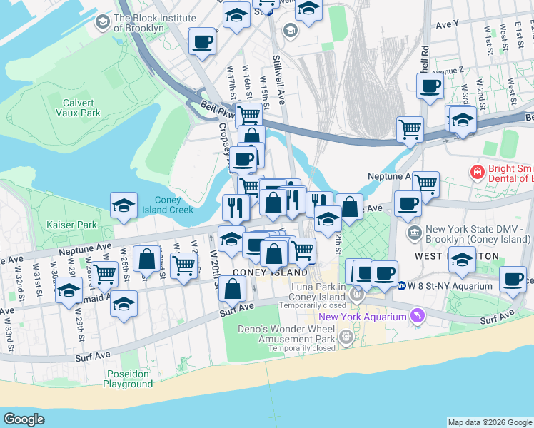 map of restaurants, bars, coffee shops, grocery stores, and more near 2762 West 16th Street in Brooklyn