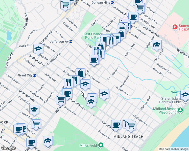 map of restaurants, bars, coffee shops, grocery stores, and more near 297 Adams Avenue in Staten Island