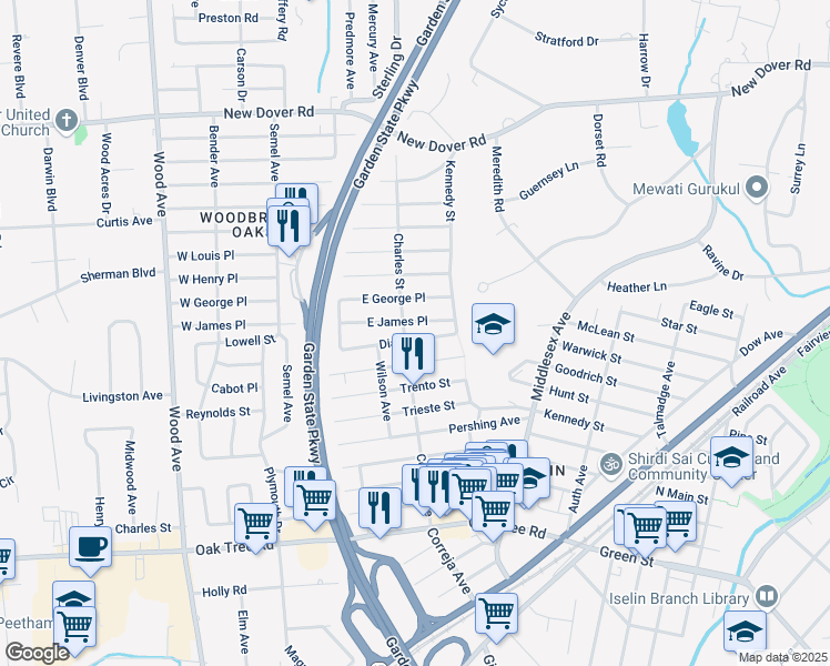 map of restaurants, bars, coffee shops, grocery stores, and more near 22 Diaz Street in Woodbridge Township