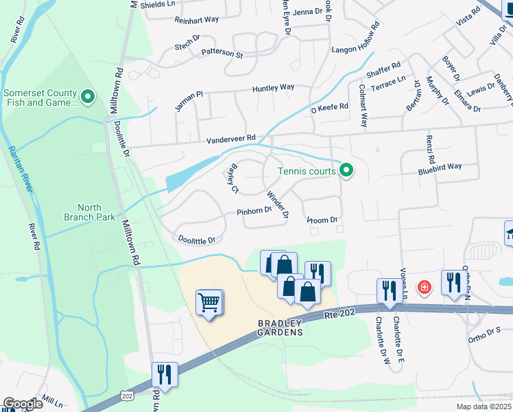map of restaurants, bars, coffee shops, grocery stores, and more near 2603 Pinhorn Drive in Bridgewater Township