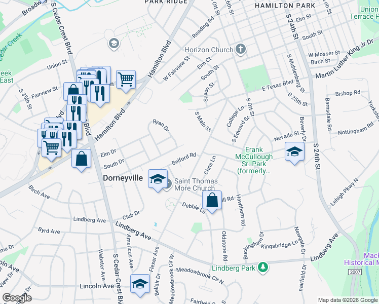 map of restaurants, bars, coffee shops, grocery stores, and more near 912 Belford Road in Allentown