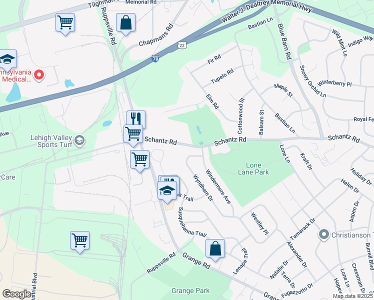 map of restaurants, bars, coffee shops, grocery stores, and more near 105 Wyndham Drive in Allentown